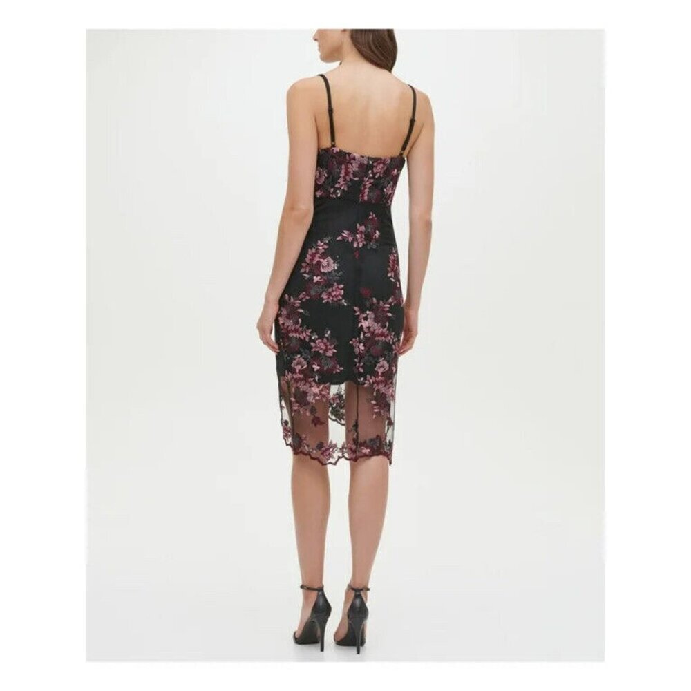 NWT GUESS Womens Black Floral Spaghetti Strap Asymmetrical Bodycon Dress Size 4 - Picture 2 of 2